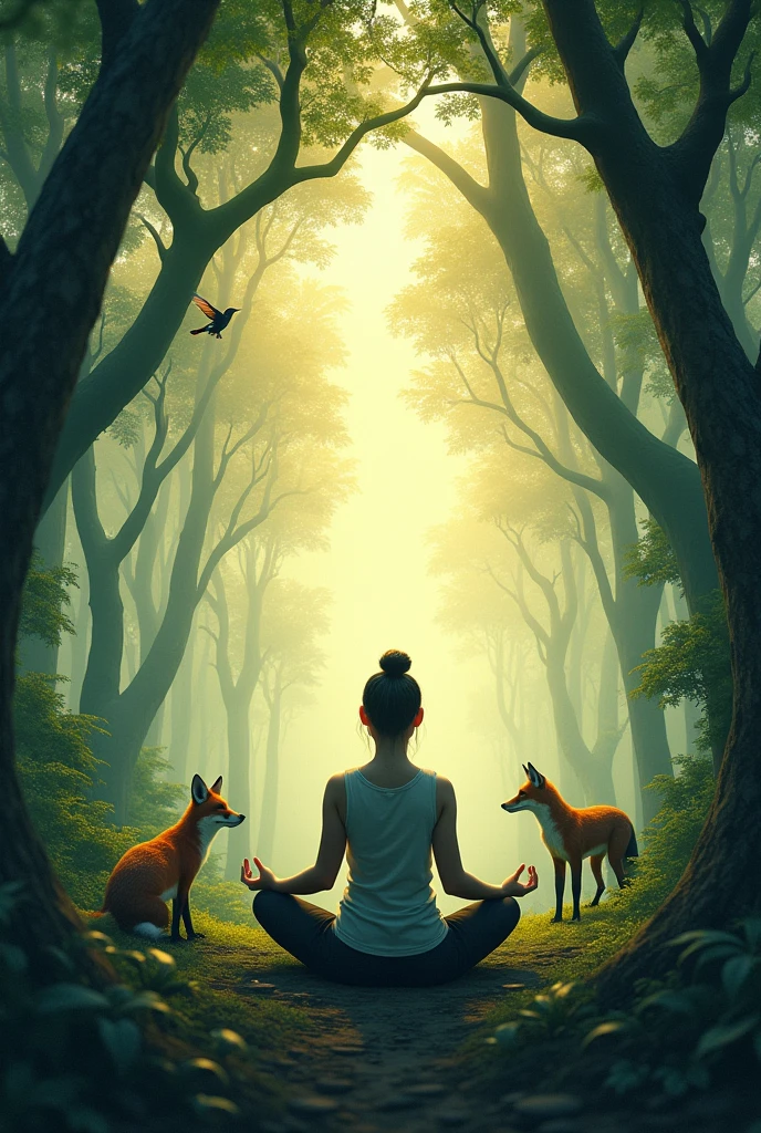 A person meditating in the middle of the sclerophyllous forest, foxes and hummingbirds, at dawn