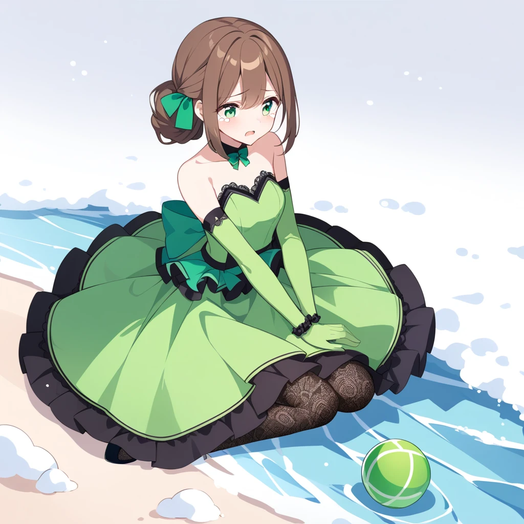 Delicate face, Delicate eyes, Hook of Holland, Perfect hands, From the front, 1 Girl, teenager, Young Girls, Girl, 15 years old, Small Breasts1 Girl, aldult, Mature female, Average breast, National Foundation, underwear, avatar (series), CHAR-F Avatar series Toph Beifong 由 Shurik 制作, (Brown hair:1.2),  , Simple and complex (green:1.5) ball gown, , (Long frilled elbow gloves, Lace stockings, High heel:1.15), (Hairstyle:1.3), Awkward, Tears, sit, Wave, On the snowy beach