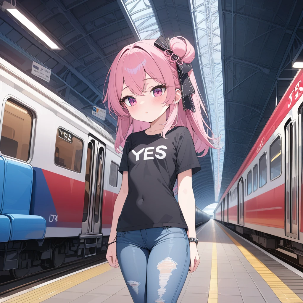 (masterpiece), (best quality), (high resolution), detailed, (Complex detail 1.2), (Hyper detailed 1.4), (Gorgeous digital art 1.2), absurd, 1 Girl, Small Breasts, yes, Hair accessories, Solitary, Pink Hair, (Black shirt:1.3), jeans, (TRAIN STATION:1.2) running, thigh, shortstack,