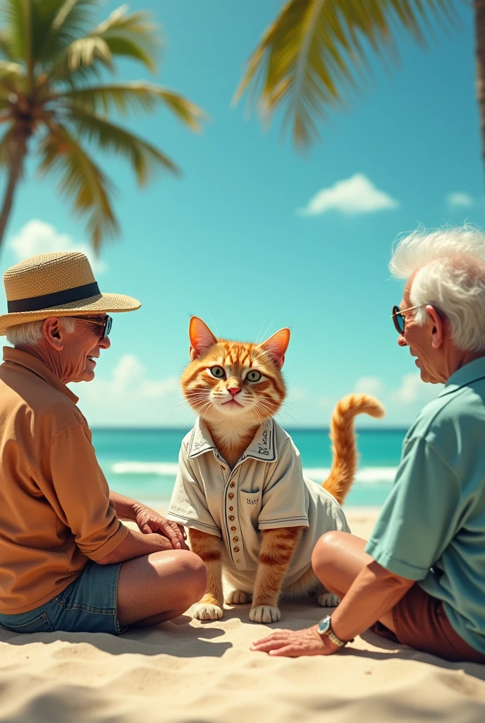 Cat with guayabera on a beach with two old people