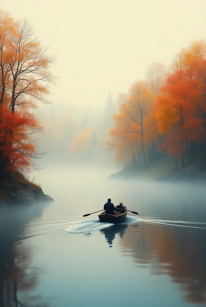 tmasterpiece, Top Quality, hoog detail, Impressionism, Autumn Morning, Cruise along the lake in the morning mist, haze, Cinematic light,
