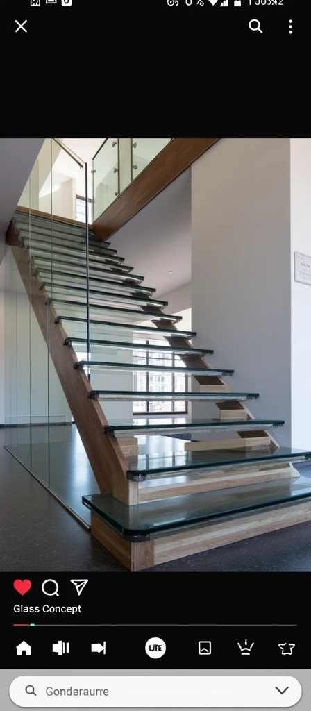 Staircase consists of glass and wood