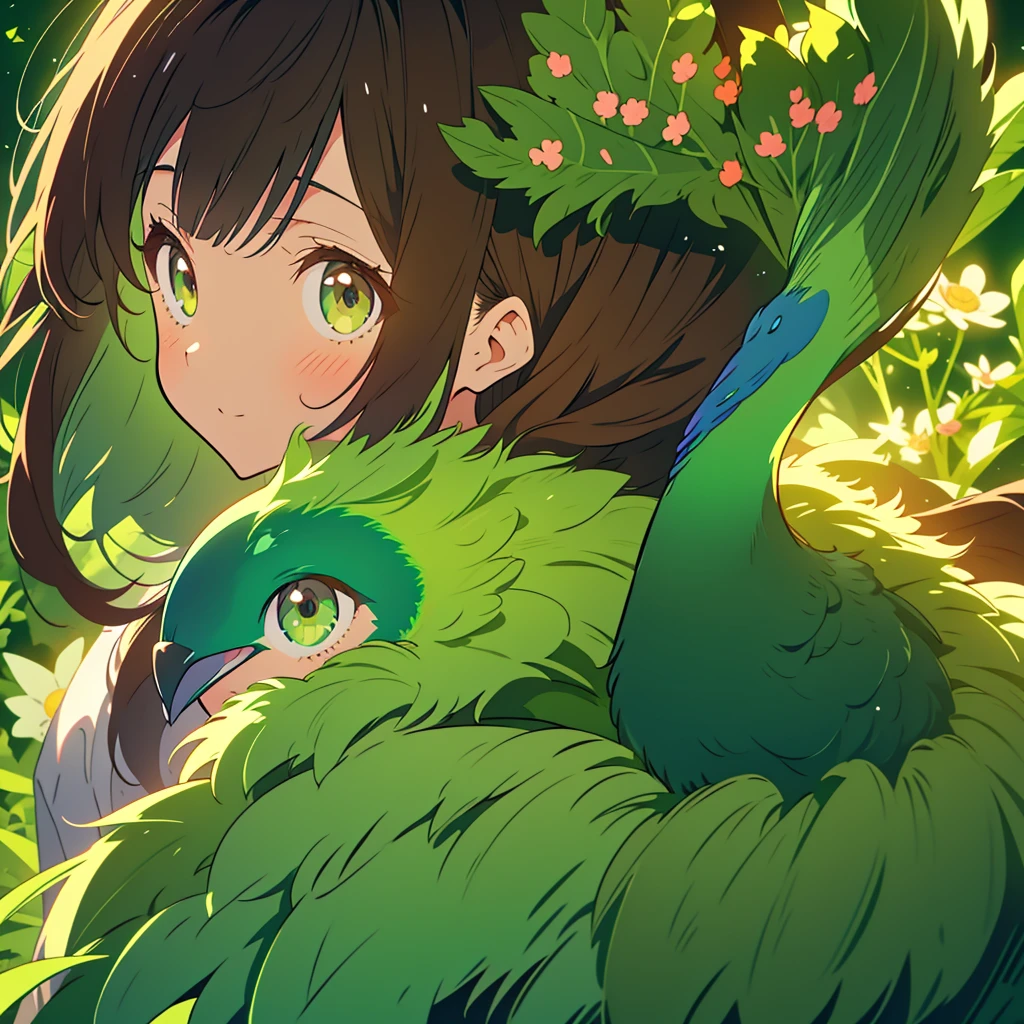 kawaii, anime, Cute, hyper quality, highly detailed, 8k, Clarity, Draw facial expressions in detail, Girl with long dark brown hair and green eyes, peacock aster,
