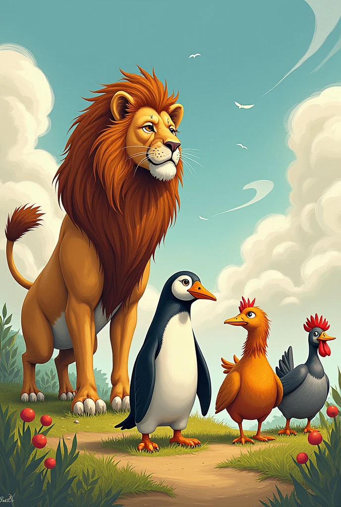 I created a drawing with the following Animals lion, penguin, catboy, chicken and a duck