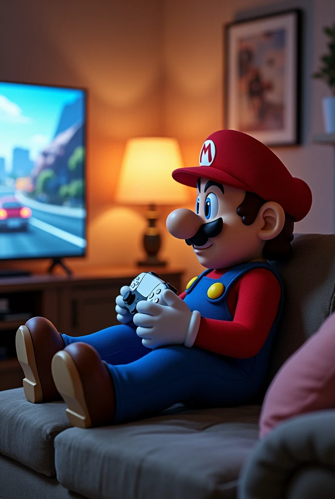 Super Mario character sitting in front of a television with a PS5 controller playing GTA5