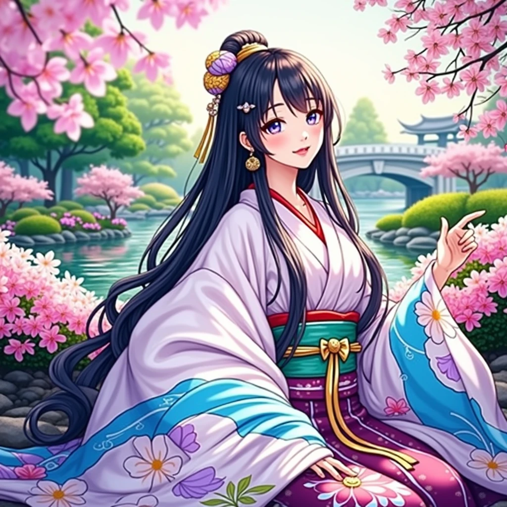 (masterpiece、Highest quality、8k、High resolution)、Traditional Japanese beauty in kimono、The best girl in anime、Floral pattern on white background、Vibrant colors、Japanese garden、There is a pond、Colorful flowers、Vibrant colors、Cherry Blossom、There is a drum bridge、A complete portrayal、Detailed anime art、