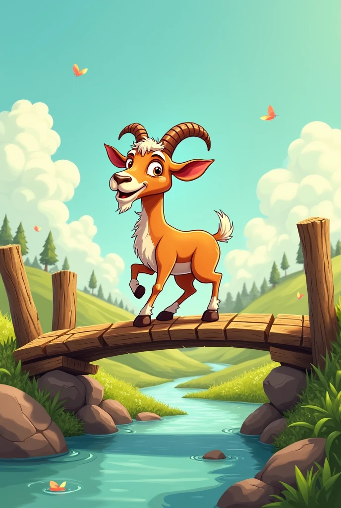 Cartoon one goat crossing on the bridge 