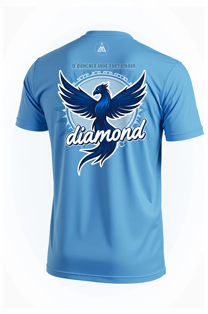 A T-shirt design for intramurals with a blue and white color scheme. The front of the shirt features a blue phoenix logo prominently, with the word 'Diamond' written underneath in a bold, athletic font. The back of the T-shirt displays the O'Donnell High School logo at the top, with the surname 'Sumawang' printed below the logo. Ensure the design is sporty and dynamic, capturing the spirit of the event.