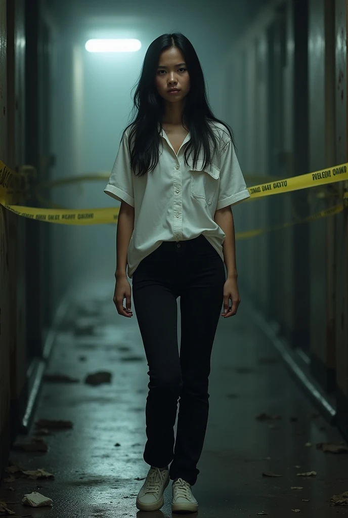 28 years old, filipina, at crime scene, whole body, wearing white shirt with minimal blood stain, black pants, white shoes, realistic, not blur background, whole body, frustrated 