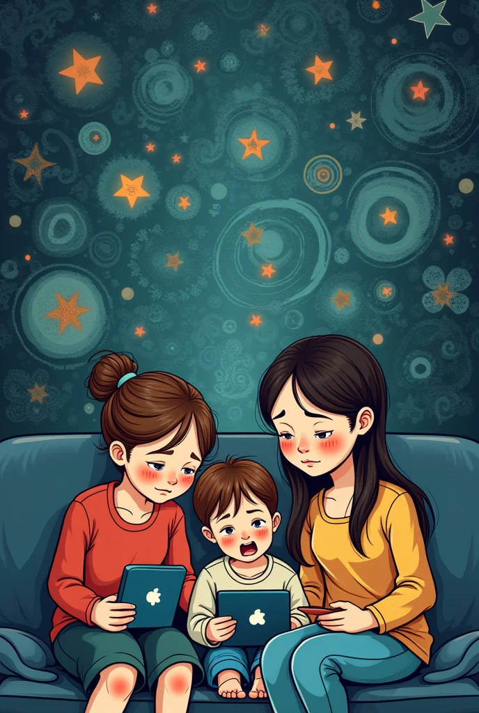 Can you generate a easy to draw cartoons  poster with a sad family that is unhealthy and have mental health disorder on their phones with designs on the background 