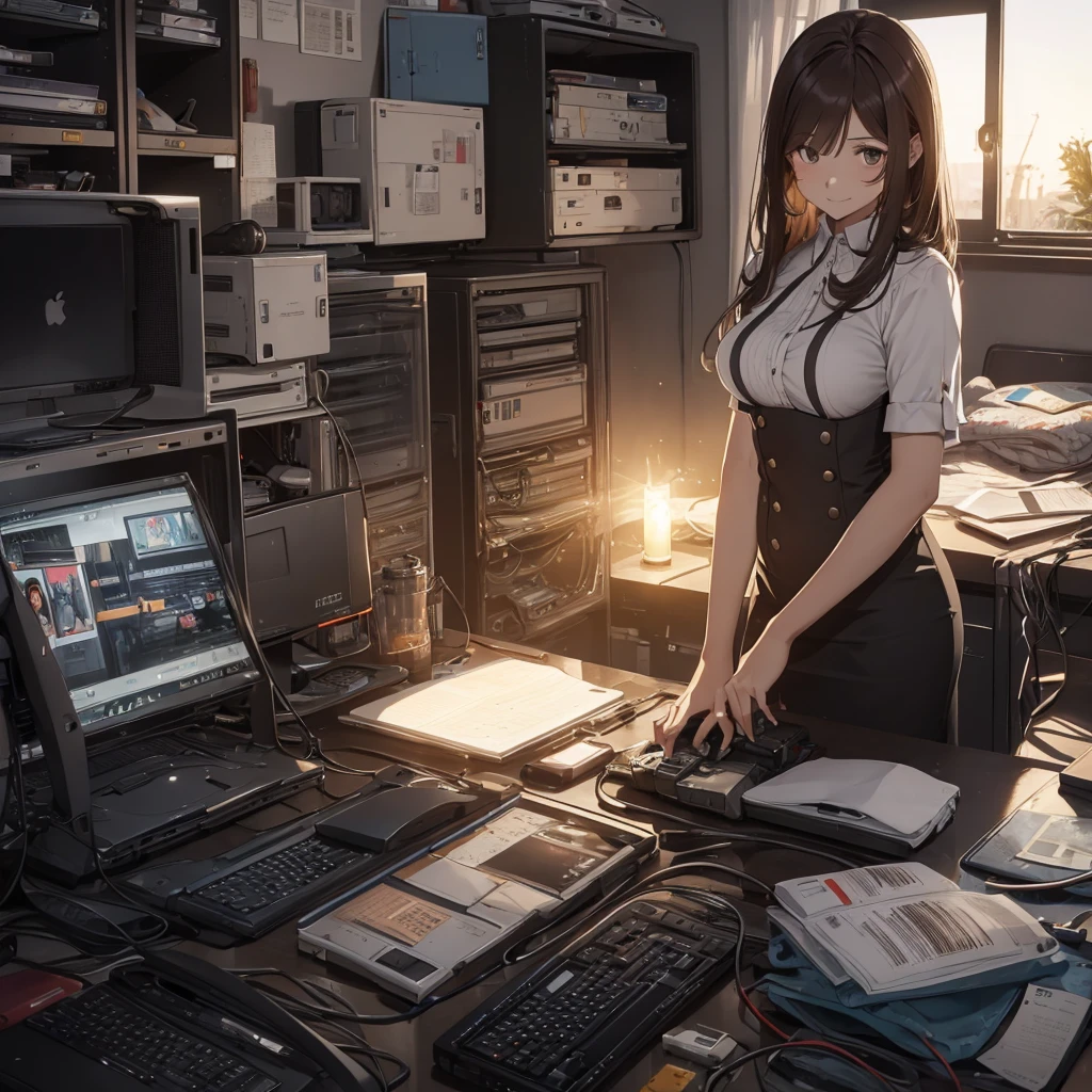 The heat doesn't change even after the sun goes down... I tried to revive a junk PC for the first time in a while, but it didn't work this time. There are days like this...pantyshot, long brown hair, office lady, 1girl, amazing, girl, 30 years old, house wiife, warm smile, hourglass figure,