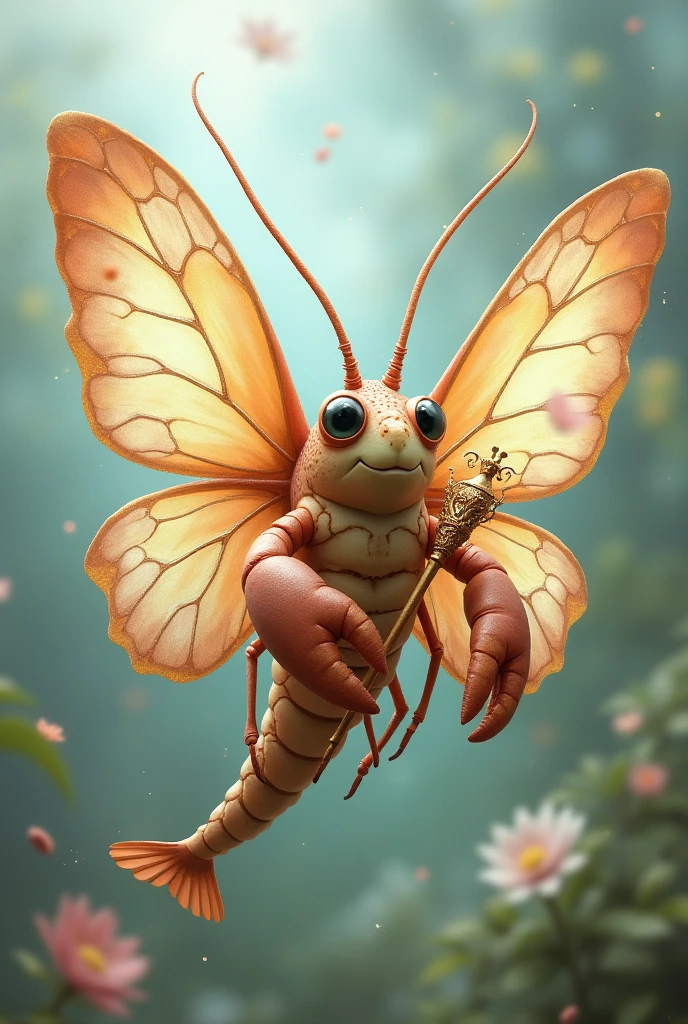 A crayfish with butterfly wings. with a fairy air. a magic wand in its pincers.
