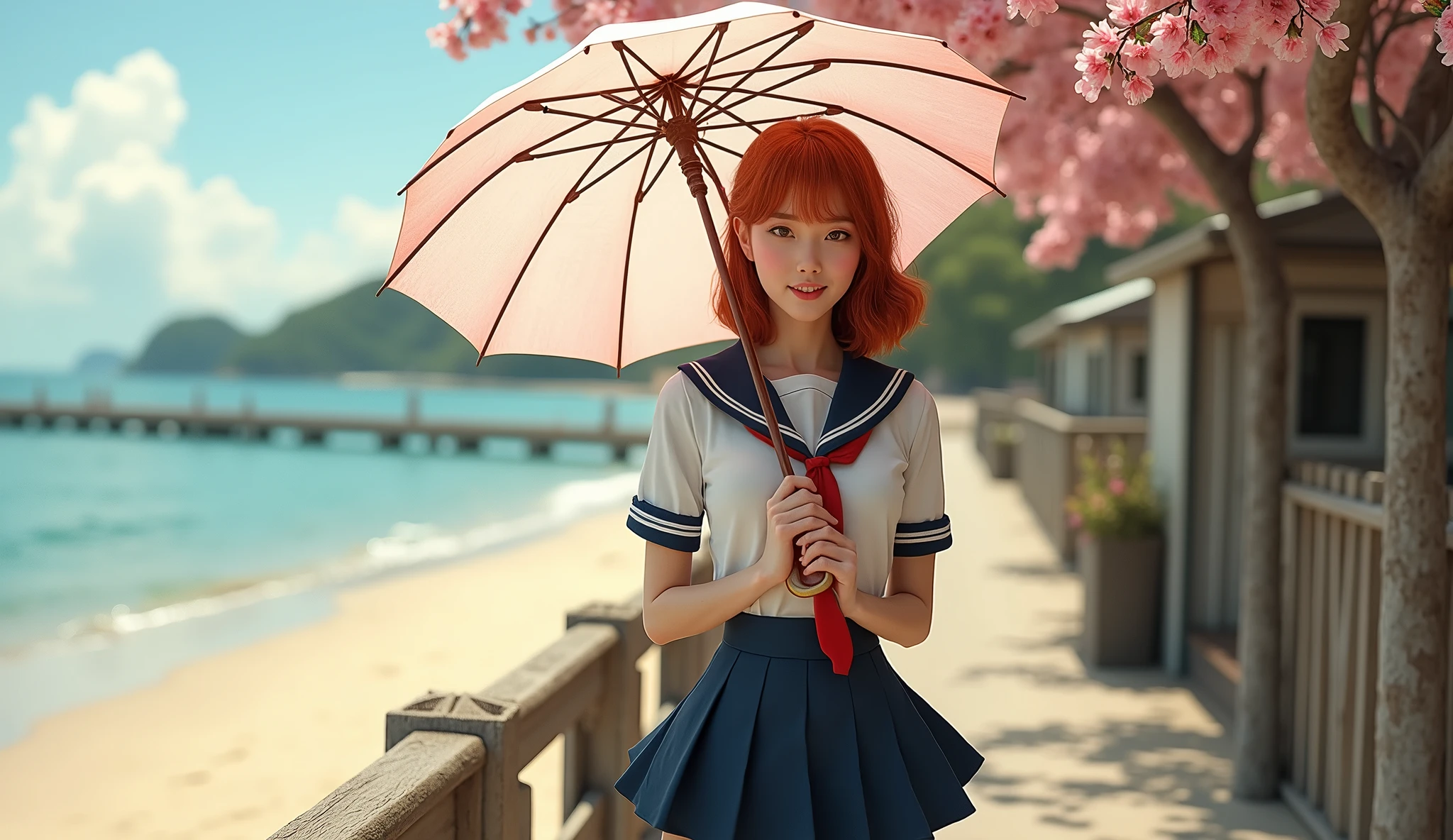 hottie, woman, 20 years old, 40's sailor woman uniform, short skirt, white and blue, redhead, sexy pose, holding a umbrella that has a sakura tree on it, docks, boardwalk, sand, sunny day, 
