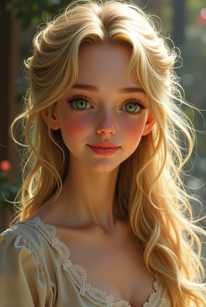 Imagine a young woman from the 19th. Century before, about 19 years old. She has long, shaggy, blonde hair, that fall wild and untamed around her face. Her green eyes radiate joie de vivre and are set by a narrow, oval face framed. Her skin is light and slightly speckled with freckles,that emphasize their youthful appearance. Her snub nose and big eyes give her a charming, lively expression. She smiles passionately, her rosy lips emphasize her hearty smile. Her cheeks are round and soft, without pronounced cheekbones.
She wears simple, but still elegant clothing of the 19th. Century, which corresponds to the fashion trends of the time, but is designed so, that it looks comfortable and practical. The clothing is cut rather loosely, to ensure freedom of movement, and could in gentle, be kept in neutral colours, perhaps with a simple cut and minimal jewelry.
