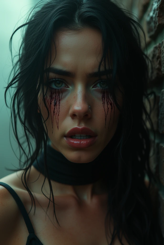 Make a character like Resident Evil 4, A woman with long black hair, blue eyes and freckles