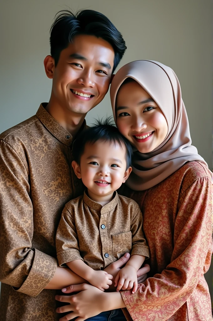 A handsome 28 year old father wearing a Javanese Muslim batik shirt and a beautiful 25 year old mother wearing a Javanese Muslim batik shirt are taking a family photo with a beautiful 2 year old daughter wearing a Javanese Muslim batik shirt taking a family photo facing forward to the camera close-up
