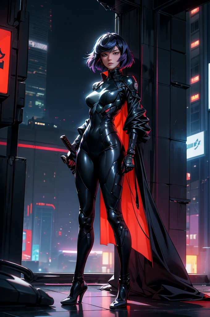 Cinema Lighting,Highly detailed skin、Beautiful quality with attention to detail,cyber punk,(Exchange、Dim color, Calm tone、Perfect Anatomy:1.3),(One beautiful woman、Beautiful features down to the last detail、alone:1.3)（Black short hair）Laugh a little、(1. Holding a sword)break. Tight black leather suit、Like Catwoman、 break.night中(night、Futuristic city building rooftop、A fire broke out in a nearby building.)、Full body portrait、Shot as if looking up、Beautiful standing posture,ghost in the Shell、Motoko Kusanagi、Blade Runner