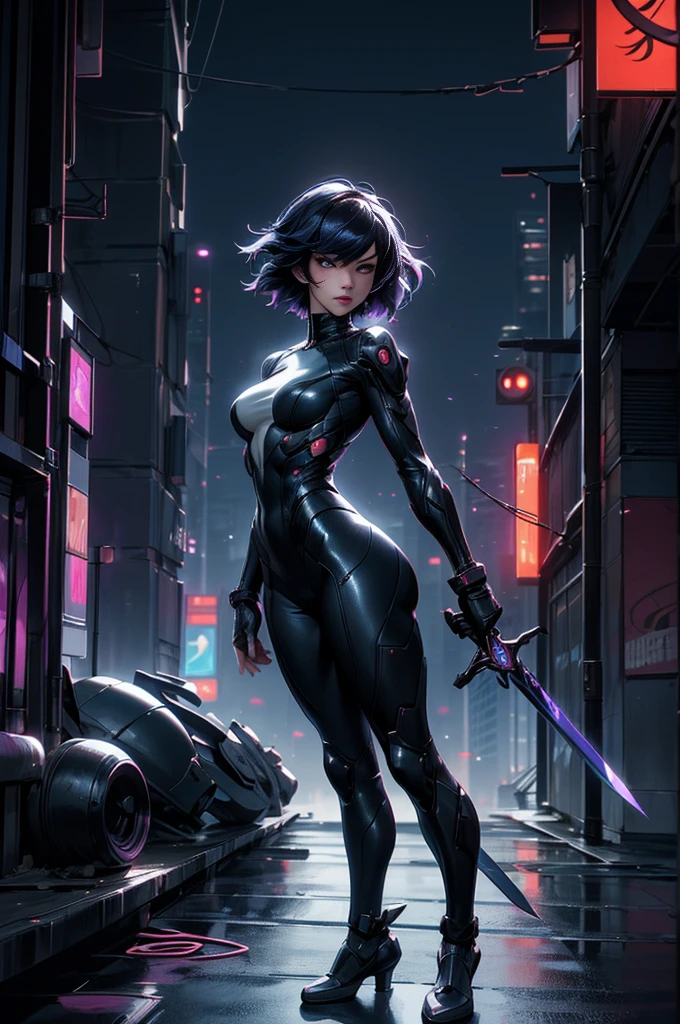 Cinema Lighting,Highly detailed skin、Beautiful quality with attention to detail,cyber punk,(Exchange、Dim color, Calm tone、Perfect Anatomy:1.3),(One beautiful woman、Beautiful features down to the last detail、alone:1.3)(Black short hair)Laugh a little、(1. Holding a sword)break. Tight black leather suit、Like Catwoman、 break.night中(night、Futuristic city building rooftop、A fire broke out in a nearby building.)、Full body portrait、Shot as if looking up、Beautiful standing posture,ghost in the Shell、Motoko Kusanagi、Blade Runner