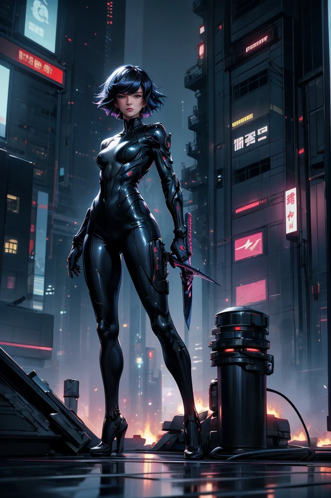 Cinema Lighting,Highly detailed skin、Beautiful quality with attention to detail,cyber punk,(Exchange、Dim color, Calm tone、Perfect Anatomy:1.3),(One beautiful woman、Beautiful features down to the last detail、alone:1.3)(Black short hair)Laugh a little、(1. Holding a sword)break. Tight black leather suit、Like Catwoman、 break.night中(night、Futuristic city building rooftop、A fire broke out in a nearby building.)、Full body portrait、Shot as if looking up、Beautiful standing posture,ghost in the Shell、Motoko Kusanagi、Blade Runner