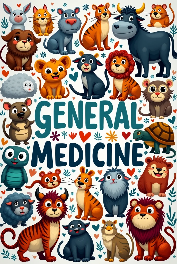 Phrase "General Medicine" with animal cartoon doodles (Cat, dog, goat, mice, cattle, horse, sheep, buffalo ,snake, turtle, tarantula, Chicken, parrot, lion, tiger) from Pinterest around it, the doodle design must be a mosaic type