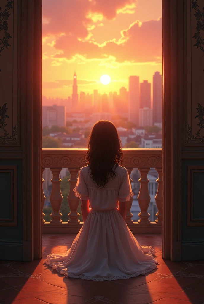 A 14 year old girl sitting in the ground bakc of the balcony of a victorian era watching the sunset with a white dress she wears facing backwards