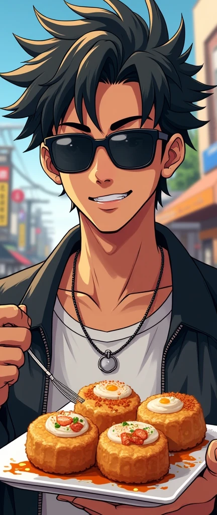 Anime guy wearing sunglasses and a necklace eating takoyaki