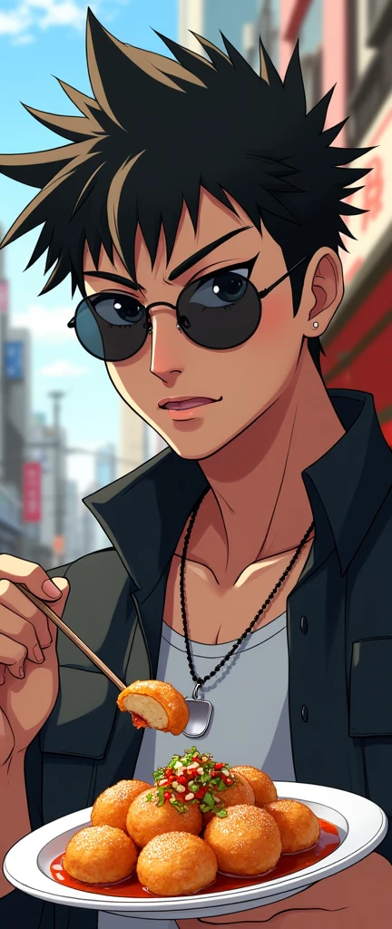 Anime guy wearing sunglasses and a necklace eating takoyaki