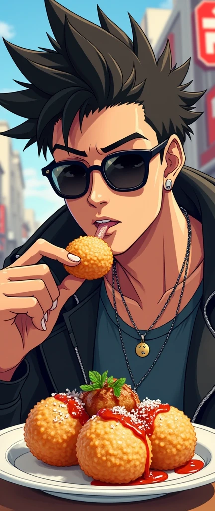 Anime guy wearing sunglasses and a necklace eating takoyaki