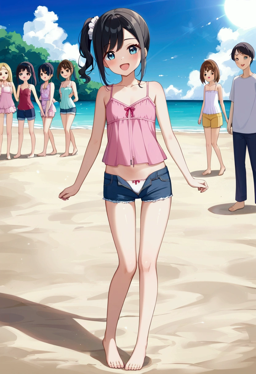 高いquality illustration, masterpiece, Very delicate and beautiful, masterpiece, Highest quality, High resolution, Very detailed, Perfect lighting、1 female、(Short side ponytail hair)、Black Hair、cute、Flat Chest、White scrunchie、Full body portrait、Ocean、Sandy Beach、Swim ring、(crowd)、(Ocean水浴客)、sun、White cloud、Pink camisole、Jean Shorts、Laughing with your mouth open、(((Unzipped shorts)))、White panties