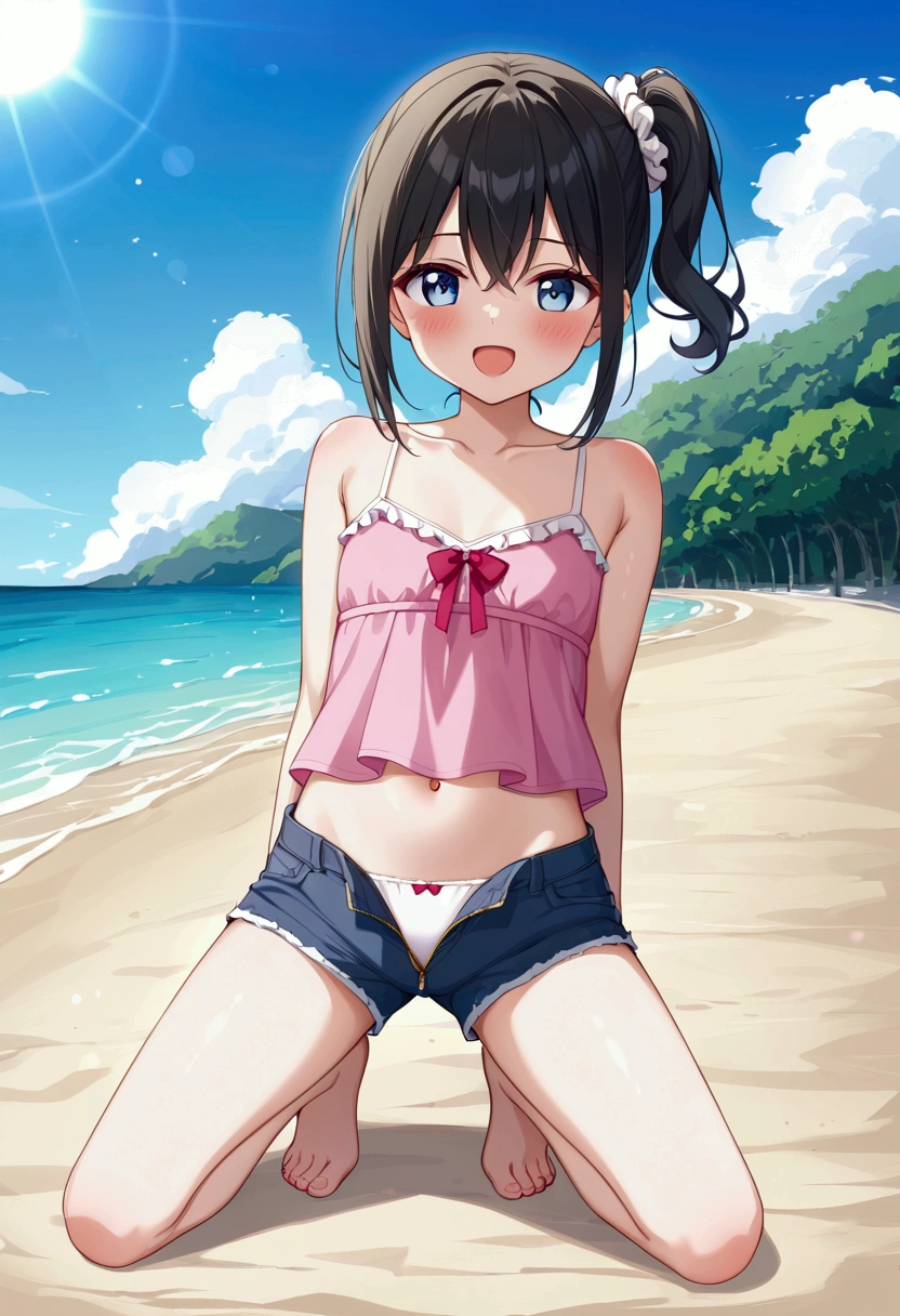 高いquality illustration, masterpiece, Very delicate and beautiful, masterpiece, Highest quality, High resolution, Very detailed, Perfect lighting、1 female、(Short side ponytail hair)、Black Hair、cute、Flat Chest、White scrunchie、Full body portrait、Ocean、Sandy Beach、Swim ring、(crowd)、(Ocean水浴客)、sun、White cloud、Pink camisole、Jean Shorts、Laughing with your mouth open、(((Unzipped shorts)))、White panties