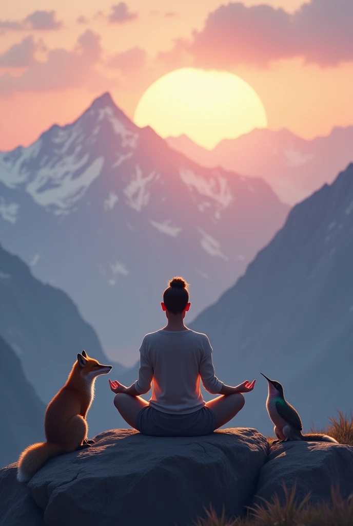 Una persona meditando en la montaña at dawn, fox and hummingbird, at dawn 