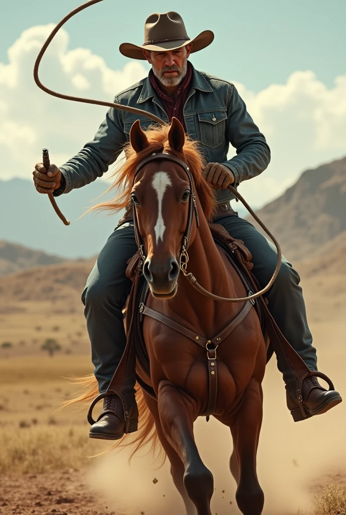  wearing a cowboy hat whipping a horse