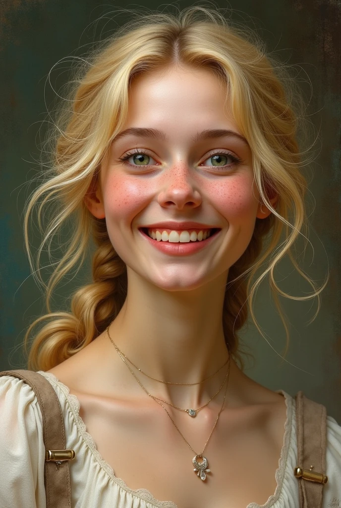 Imagine a young woman from the 19th. Century before, about 19 years old. She has long, shaggy, blonde hair, that fall wild and untamed around her face. Her green eyes radiate joie de vivre and are set by a narrow, oval face framed. Her skin is light and slightly speckled with freckles,that emphasize their youthful appearance. Her snub nose and big eyes give her a charming, lively expression. She smiles passionately, her rosy lips emphasize her hearty smile. Her cheeks are round and soft, without pronounced cheekbones.
She wears simple, but still elegant clothing of the 19th. Century, which corresponds to the fashion trends of the time, but is designed so, that it looks comfortable and practical. The clothing is cut rather loosely, to ensure freedom of movement, and could in gentle, be kept in neutral colours, perhaps with a simple cut and minimal jewelry.