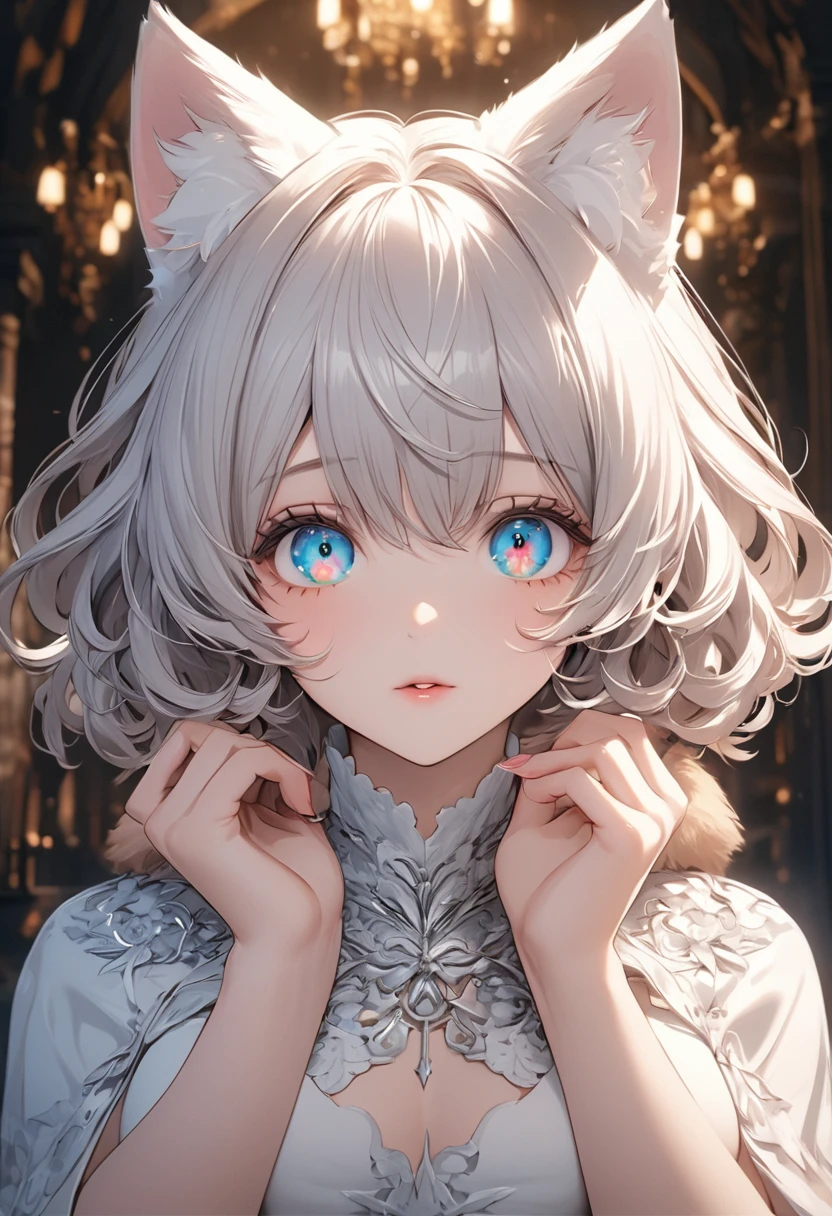 neferpitou, neferpitou, short hair, (red eyes:1.5),  animal ears, tail, white hair, shorts, cat ears, cat tail, curly hair, (small breast:1.2), BREAK looking at viewer, BREAK outside, BREAK (masterpiece:1.2), best quality, high resolution, unity 8k wallpaper, (illustration:0.8), (beautiful detailed eyes:1.6), extremely detailed face, perfect lighting, extremely detailed CG, (perfect hands, perfect anatomy),