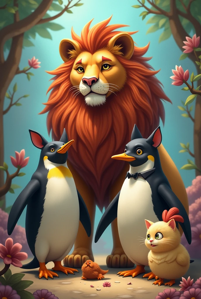 I created an image with the following Animals lion, penguin, catboy, chicken and a duck