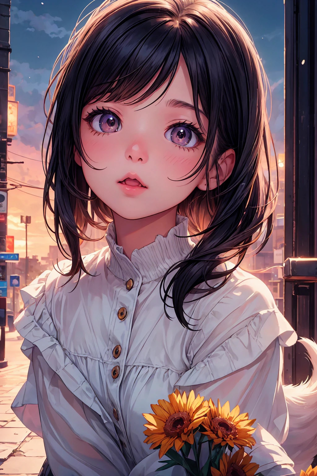 A cute puppy howling in the distance, a tender kiss, a daughter's cute aggression, 1girl, puppy, kissing, cute aggression, detailed facial features, beautiful eyes, detailed nose and lips, soft lighting, warm color palette, romantic atmosphere, vibrant colors, cinematic composition, masterpiece, photorealistic, 8k, highly detailed