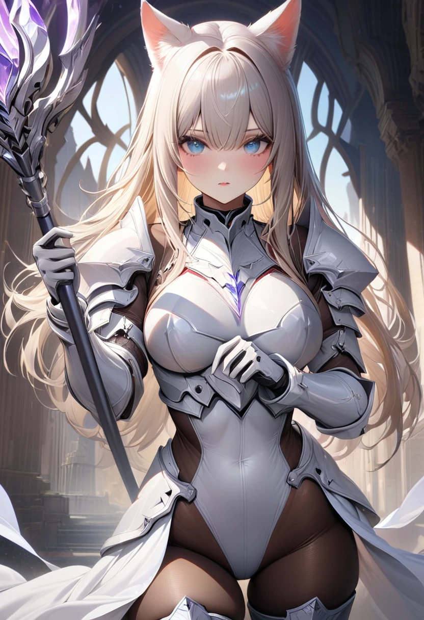 ((UHD)), ((masterpiece)), ((hyperrealistic)), anatomically correct, accurate, high quality, extremely detailed, ((solo)), 1girl, ((curvy)), ((skindantation: 1.2)), perfect face, ((azur lane)), ((white armored dress: 1.3)), ((white paladin armor)), ((skin-tight light white leotard)), (ultra high leg cut: 1.2), ((white knight armor breastplate )), ((skin-tight black Investigator Bodystocking)), ((pauldron)), (white long gauntlet gloves), ((Platinum Blonde long straight hair)), ((Compressed soft large breasts)), (tight black pantyhose thighs), ((tight thigh boots)), ((See-through black cleavage)), zettairyouiki, Perfect and beautiful blue eyes, Perfect hands, perfect fingers, Cat ears, (makeup: 0.8), (cameltoe: 0.8), cowboy shot, Crystal Tower, Holding a spear in hand, Ready your spear