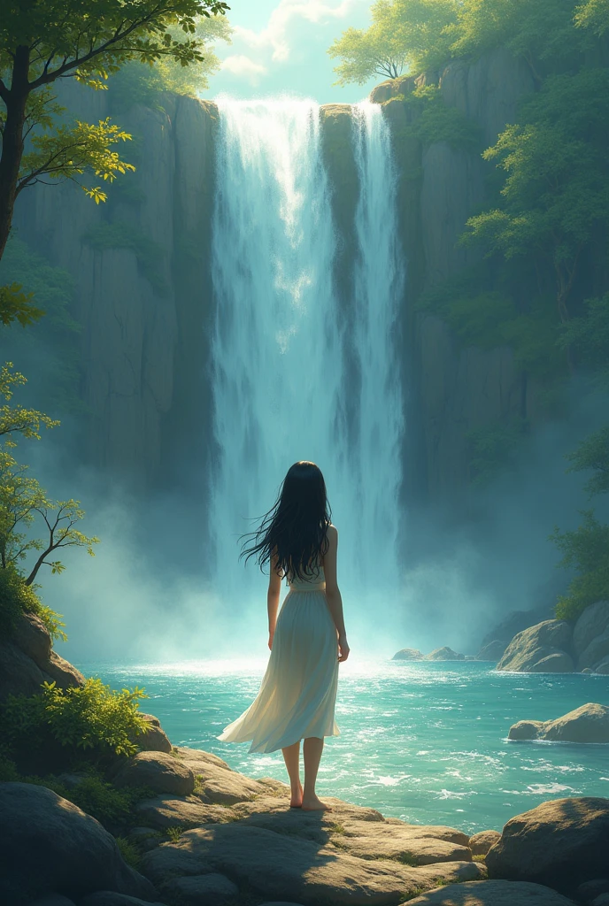 Create an image where a girl is near waterfall and showing her backside body