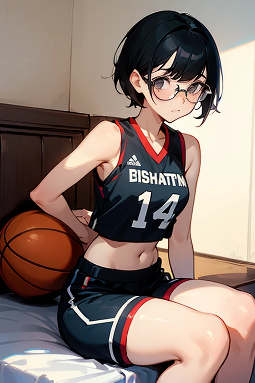A girl wearing glasses, short black hair, a basketball uniform with a crop top and shorts, looking shy, sitting with her back arched, showing her thighs, sitting on a bed, sitting with her legs spread apart.