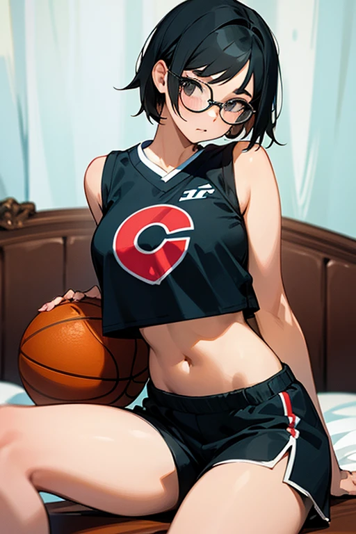 A girl wearing glasses, short black hair, a basketball uniform with a crop top and shorts, looking shy, sitting with her back arched, showing her thighs, sitting on a bed, sitting with her legs spread apart.