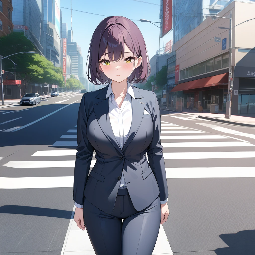(8K, RAW photos, best quality, masterpiece: 1.2), (Practical, photoPractical: 1.37), 1 Woman in suit standing on the sidewalk, city View, sky, Sunny morning, Professional lighting, Photon Mapping, Radiosity, Brazilian woman, Tear, shirt, Woman in suit, Silk suit