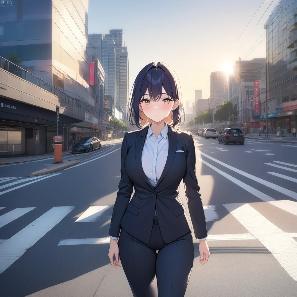 (8K, RAW photos, best quality, masterpiece: 1.2), (Practical, photoPractical: 1.37), 1 Woman in suit standing on the sidewalk, city View, sky, Sunny morning, Professional lighting, Photon Mapping, Radiosity, Brazilian woman, Tear, shirt, Woman in suit, Silk suit