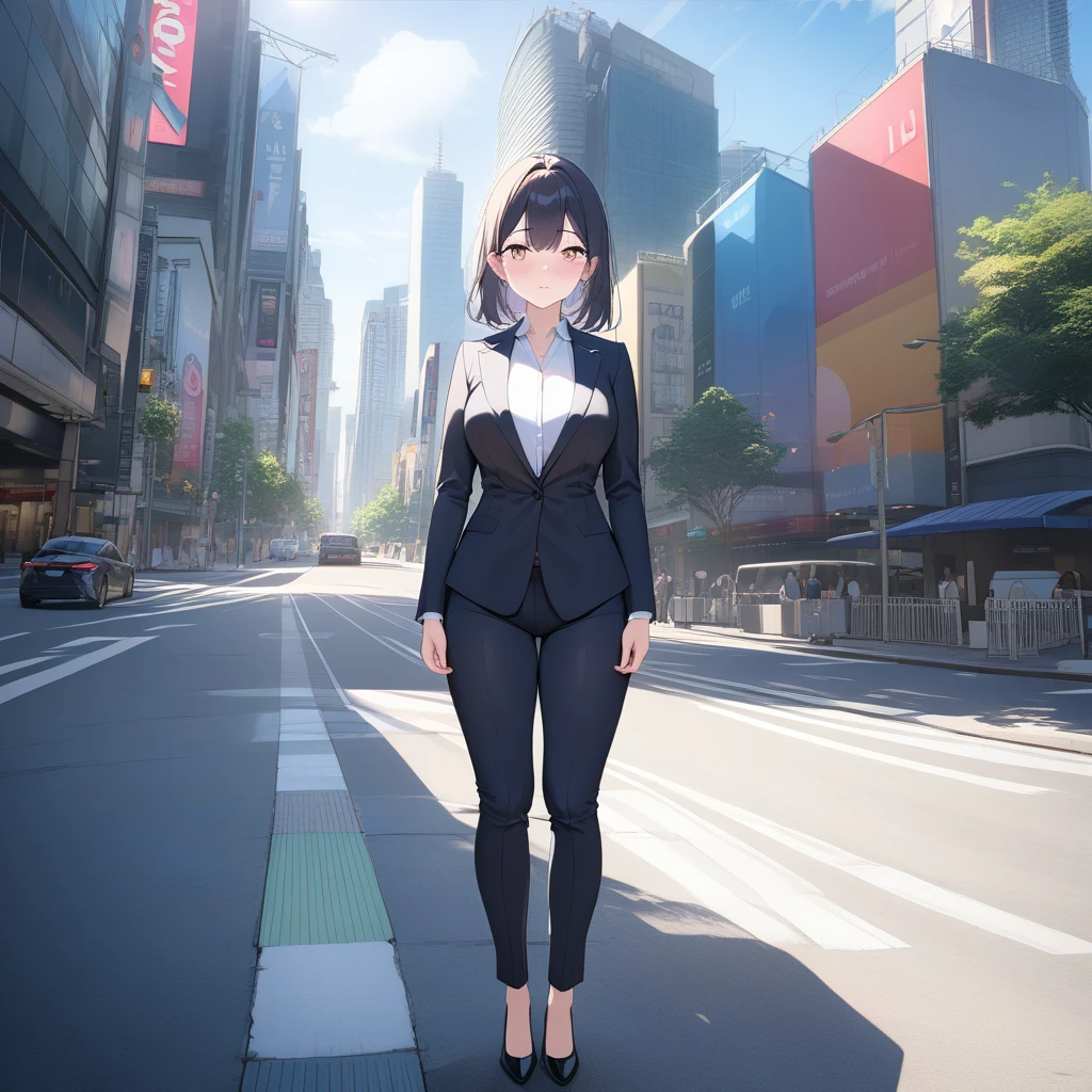 (8K, RAW photos, best quality, masterpiece: 1.2), (Practical, photoPractical: 1.37), 1 Woman in suit standing on the sidewalk, city View, sky, Sunny morning, Professional lighting, Photon Mapping, Radiosity, Brazilian woman, Tear, shirt, Woman in suit, Silk suit