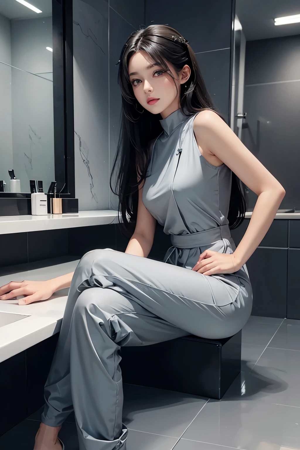 beautiful girl in a sleek grey jumpsuit , holding mary kay handbag, sitting in vanity table with mary kay product, in digital illustration, clean line art in anime inspired style.