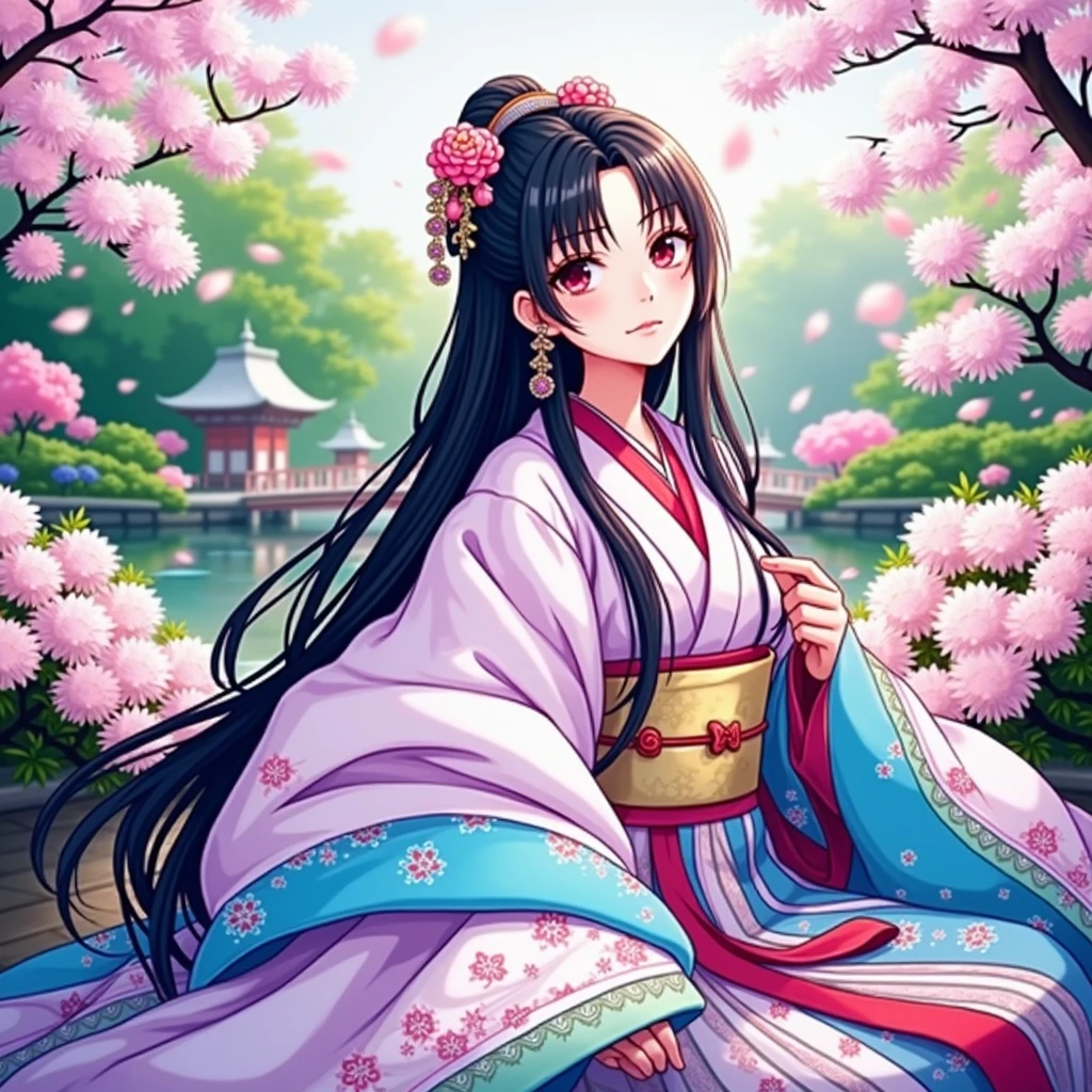 (masterpiece、Highest quality、8k、High resolution)、Traditional Japanese beauty in kimono、The best girl in anime、Floral pattern on white background、Vibrant colors、Japanese garden、There is a pond、Colorful flowers、Vibrant colors、Cherry Blossom、There is a drum bridge、A complete portrayal、Detailed anime art、