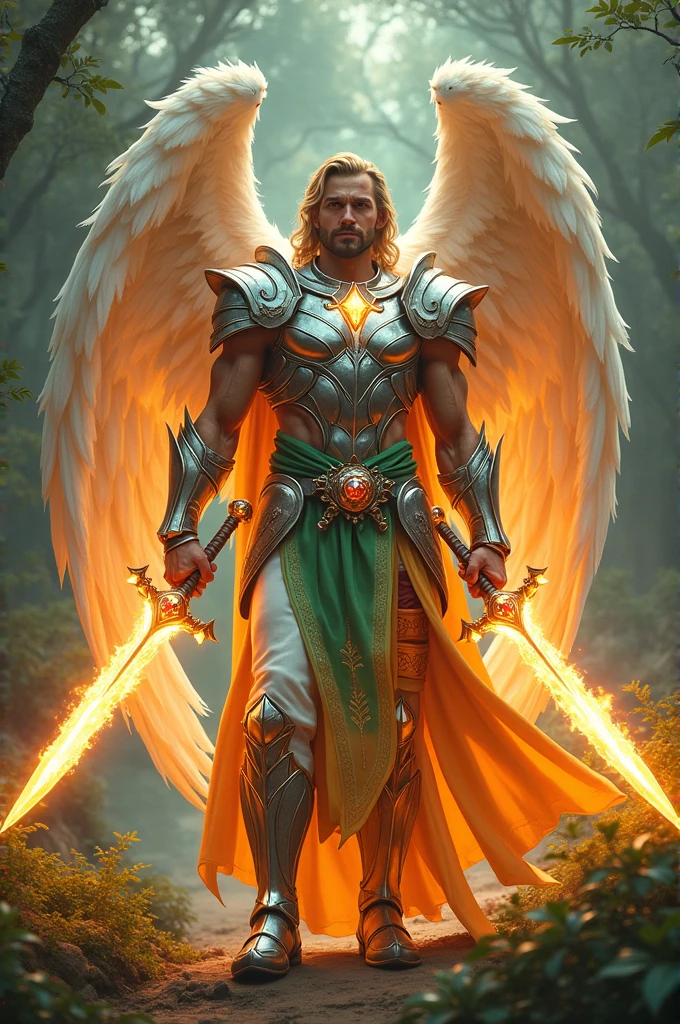 ANGELS WITH MALE HUMAN FACES, WITH SHINING ARMOR OF LIGHT, FLAMING SWORD OF FIRE, RUBY EMERALD RED ARMOUR,  green belt, LET&#39;S GO ROX, HUGE WINGS WHITE LIKE SNOW, COMPLETING A CAMP 