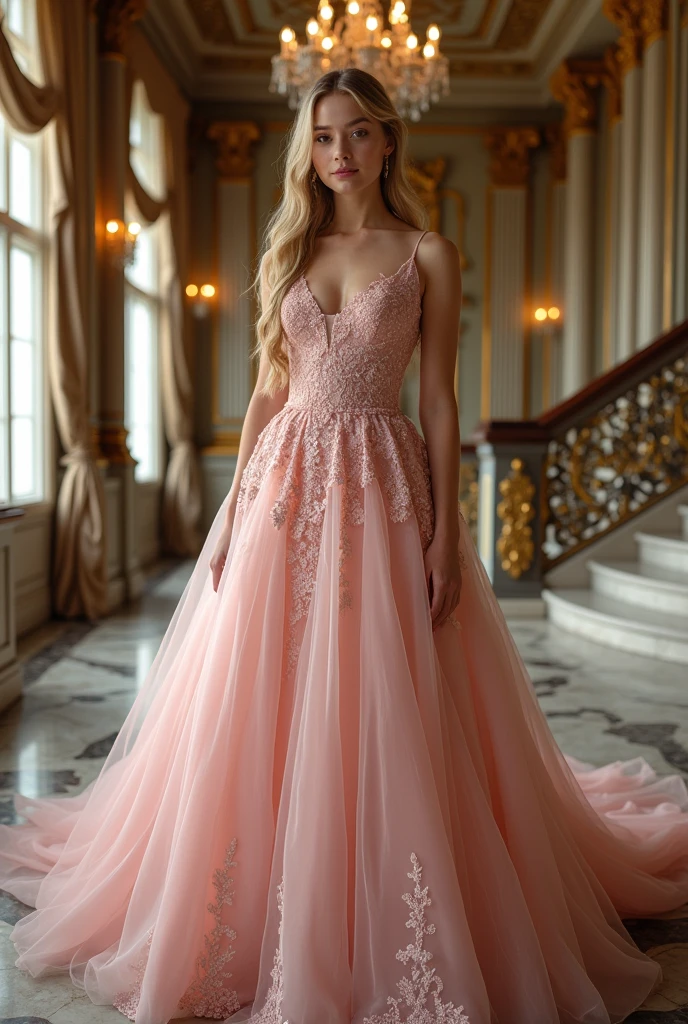 A beautiful young girl of twenty years old wearing a light pink ball gown. She has long blond hair and fair skin complexion. She has hazel eyes. She is standing on a stairs inside a big ballroom. She has a beautiful smile.