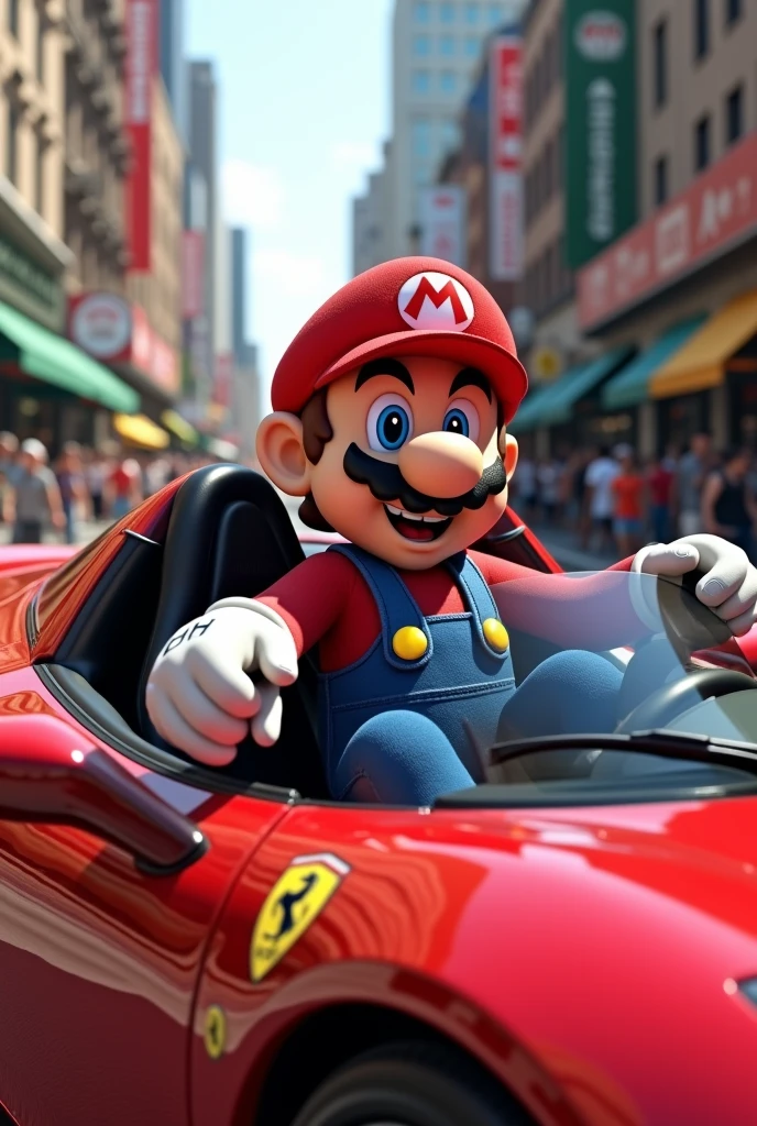 Super Mario character sitting inside a Ferrari car