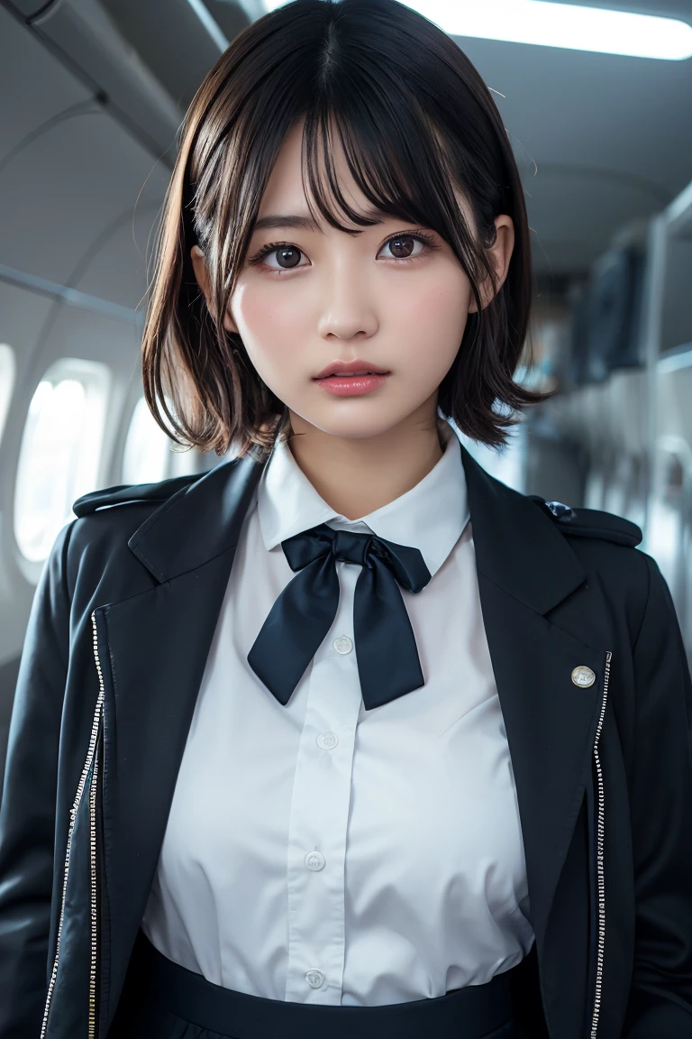 bionde,short curl hair,Glowing Skin, lips, Highly detailed skin, Beautiful face and eyes in every detail, Spotlight, Professional Lighting, (Upper Body:0.8), stewardess, Black Skirt, Jacket, Short shirt, Ko 123,