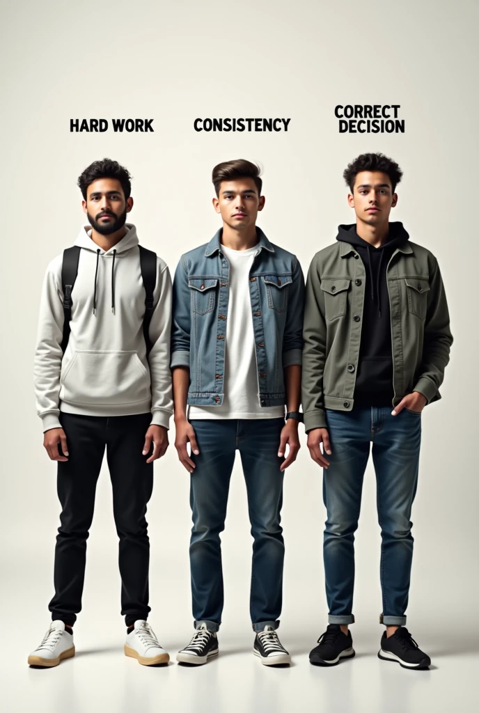 In a image three same person aged 22 standing side by side and one person above head write hard work and second person write consistency third write correct decision.